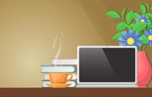 Tasse Tee oder Kaffee auf einem Schreibtisch mit Blumen vektor