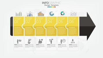 infograph 6 steg gul färgelement med pil, diagramdiagram, affärs online marknadsföringskoncept. vektor