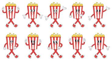 popcorn. söt tecknad serie tecken med händer, ben, ögon. ljus komisk stil. hand dragen vektor illustration