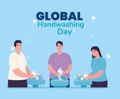 global handtvätt dag banner med människor tvätta händerna vektor