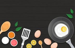 ägg i stekpanna med matlagningsutrustning och frukt på köksbakgrund vektor