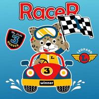 rolig leopard på tävlings bil innehav Avsluta flagga, tävlings bil element, vektor tecknad serie illustration