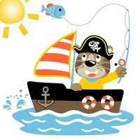 rolig katt i pirat kostym fiske på båt, vektor tecknad serie illustration