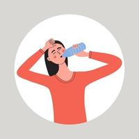 Durst, Dehydration Verhütung, Balance von Körper Instandhaltung Konzept. jung Frau Trinken frisch Wasser von Flasche. vektor
