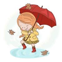 Regen Mädchen Herbst fallen Regenschirm Jahreszeit Vektor Illustration einstellen