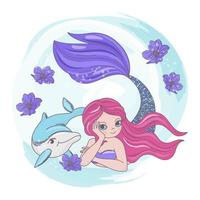 ruhen Meerjungfrau mit Delfin Karikatur Vektor Illustration einstellen