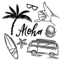 surfa aloha hav resa hand dragen vektor illustration uppsättning