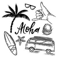 Surfen Aloha Meer Reise Hand gezeichnet Vektor Illustration einstellen