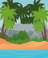 strand med palmer, stor sten och havsvektordesign vektor
