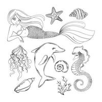 hav liv djur sjöjungfru flicka klämma konst vektor illustration uppsättning