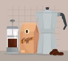 Kaffeezubereitungsmethoden, Aeropresse und Moka-Kanne mit einer Tüte Kaffee vektor