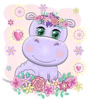 söt flodhäst tecknad serie med skön ögon bland blommor, hjärtan. skriva ut t-shirts, bebis kläder mode design, bebis dusch inbjudan kort. vektor