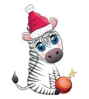 süßes zebra in weihnachtsmütze mit weihnachtskugel, candy kane, geschenk. zeichentrickfigur für wildtierferien. vektor