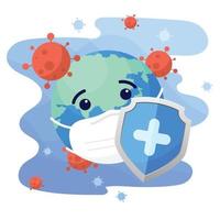 Schild schützt Weltcharakter mit medizinischer Schutzmaske vor Coronavirus. Weltkoronavirus und Covid-19-Ausbruch und Pandemie-Angriffskonzept.