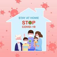 der Familienvater, die Mutter und das kleine Mädchen. Bleiben Sie zu Hause, um das Coronavirus zu schützen. Covid-19-Ausbruch und Pandemie-Angriffskonzept. vektor