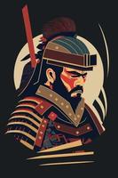 japansk samuraj krigare stänga upp platt vektor illustration