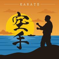 Vektor Illustration von Karate Mann trainieren im das Strand wann Sonnenuntergang mit Poster oder T-Shirt Illustration Stil