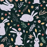 kaniner i örter och blommor sömlös mönster vektor