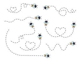 Biene fliegend auf ein gepunktet Route. süß Biene Charakter einstellen vektor