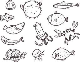 uppsättning av olika havsfiskar. hand ritning havsfisk doodle vektorillustration vektor