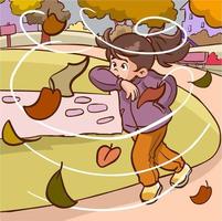 Mädchen Kind Kampf Gehen gegen Wind in der Nähe von Biegen Baum mit Gelb Blätter windig Herbst Tag. eben Vektor Person Charakter Illustration
