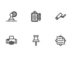 Briefpapier-Symbolsatz mit Stempel, Notizen, Überwachungskamera, Drucker, Stecknadel, Notizenerinnerungssymbol vektor