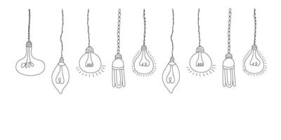 uppsättning vektor doodle illustration med hängande glödlampor. modern hipster skiss stil. element för design för interiör skiss, webb, affisch eller banner