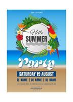 Hej sommar fest affisch med tropisk växter och fåglar på strand landskap. sommar fest flygblad vektor