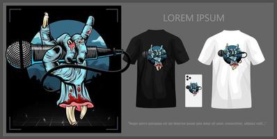 Illustration T-Shirt Design von Zombie Hand halten Mikrofon isoliert auf dunkel Nacht Hintergrund Komplett mit spotten hoch. vektor