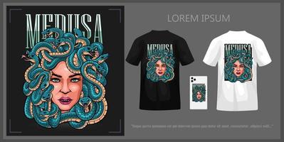 medusa huvud t-shirt design, komplett med mockup. vektor