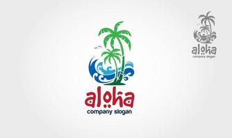 Aloha Vektor Logo Vorlage. Wasser Ozean Wellen mit Palme Konzept zum Strand Bar und Restaurant.