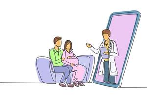 Ein einziger einzeiliger männlicher Arzt kommt aus dem Smartphone-Bildschirm, der dem Patienten zugewandt ist, und berät das junge Paar des Patienten mit der schwangeren Frau. moderner Grafikvektor für durchgehende Linie zeichnen vektor