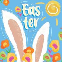 glücklich Ostern Poster mit Hase Ohren und Blumen Vektor Illustration
