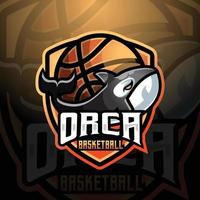 Orca Mörder Wal Maskottchen Basketball Mannschaft Logo Design Vektor mit modern Illustration Konzept Stil zum Abzeichen, Emblem und T-Shirt Drucken. Logo zum Sport, Spieler, Streamer, Liga und Esport Team.