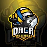 Orca Mörder Wal Maskottchen Volleyball Mannschaft Logo Design Vektor mit modern Illustration Konzept Stil zum Abzeichen, Emblem und T-Shirt Drucken. modern Orca Mörder Wal Schild Logo Illustration zum Sport