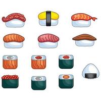 uppsättning av annorlunda sushi sashimi. annorlunda stil av sushi japansk mat. ikon uppsättning illustration. platt design tecknad serie vektor illustration samling. isolerat på vit bakgrund