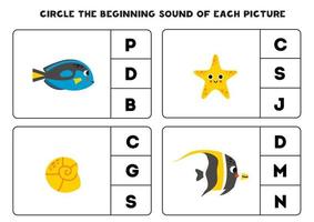 Arbeitsblatt zum Kinder. finden das Anfang Klang von süß Meer Tiere. vektor