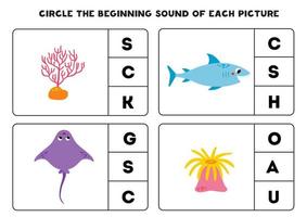 kalkylblad för ungar. hitta de början ljud av söt hav djur. vektor