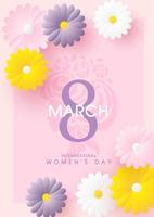 färgrik blommor med siffra 8 och lydelse av kvinnors dag händelse på kvinnor teckning form och rosa bakgrund. kort och affisch av internationell kvinnors dag i vektor design.