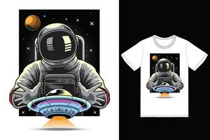 astronaut fångst UFO illustration med tshirt design premie vektor