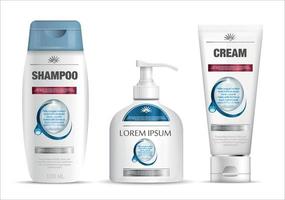 Shampoo Verpackung, Sahne Rohr, Seife Flasche Vorlage Design. kosmetisch Marke Vorlage. Körper Pflege Produkte. Vektor Illustration.