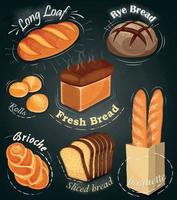 reklam bageri på de svarta tavlan. uppsättning av bageri Produkter. meny. lång limpa, råg bröd, baguette, rullar, vit bröd, skivad bröd, brioche. vektor illustration