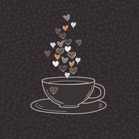 nahtlos Muster mit Kaffee Tasse und Herzen auf ein braun Hintergrund. Vektor Jahrgang Illustration.