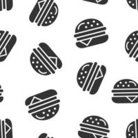 Burger Zeichen Symbol nahtlos Muster Hintergrund. Hamburger Vektor Illustration auf Weiß isoliert Hintergrund. Cheeseburger Geschäft Konzept.