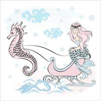Schnee Meerjungfrau im Seepferdchen Schlitten Winter Vektor Illustration einstellen