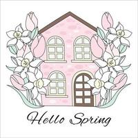 Frühling Haus Narzisse und Tulpe Garten Vektor Illustration einstellen