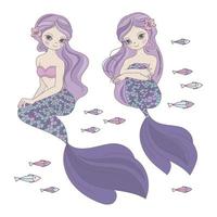 zwei Meerjungfrauen mit lila lange behaart Vektor Illustration einstellen