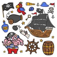Tintenfisch Pirat und schwarz Segelboot Clip Art Illustration einstellen vektor