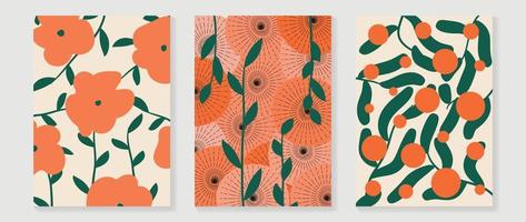 einstellen von abstrakt Blumen- Mauer Kunst Vektor. Orange Blumen, tropisch Pflanzen, Blatt Geäst, Früchte im Hand gezeichnet Stil. botanisch Mauer Dekoration Sammlung Design zum Innere, Poster, Abdeckung, Banner. vektor