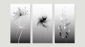 abstrakt Mauer Kunst Hintergrund Vektor Satz. botanisch Aquarell schwarz und Weiß Wildblume und Blatt Zweig, einfarbig, Silhouette Textur. Design zum Zuhause Dekoration, Abdeckung, Poster, Banner, Hintergrund.